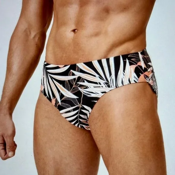 Brand New Men Tropical Print Swim Brief Black Various - Picture 2 of 4